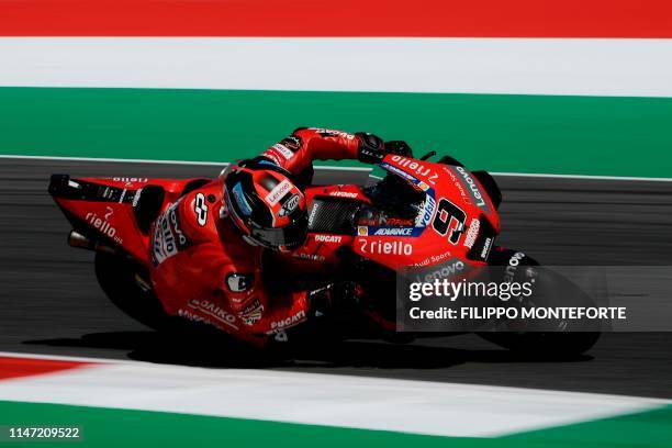 Italy's Danilo Petrucci rides his Ducati during free practice 3 ahead the Italian Moto GP Grand Prix at the Mugello race track on June 1, 2019 in...