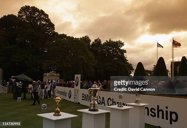 Paul Waring of England hits the opening tee shot during the first round of the BMW PGA Championship at Wentworth Club on May 26, 2011 in Virginia...