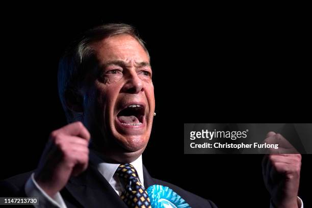 Leader of the Brexit Party Nigel Farage addresses supporters during a rally at The Broadway Theatre on June 01, 2019 in Peterborough, England. Mike...