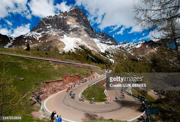 Riders take the descent of the Rolle pass during stage twenty of the 102nd Giro d'Italia - Tour of Italy - cycle race, 194kms from Feltre to Croce...