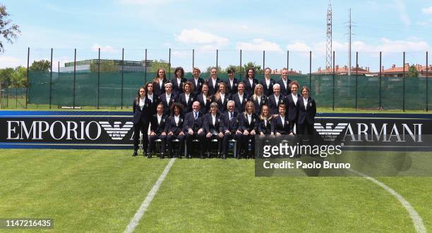 The Italian Women's national football team, wearing Armani suits, pose for a team-photo at the Hotel Mancini on June 1, 2019 in Rome, Italy.