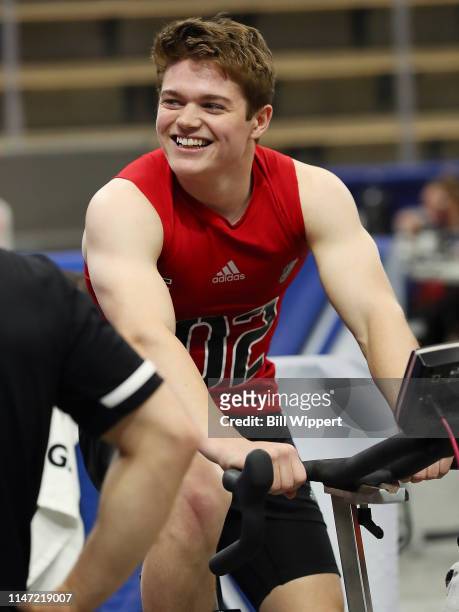 Cole Caufield prepares for the Wingate cycle test during the 2019 NHL Scouting Combine on June 1, 2019 at Harborcenter in Buffalo, New York.