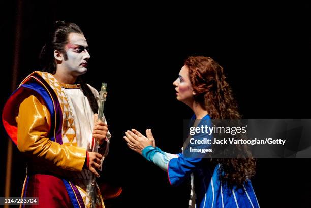 German tenor Jonas Kaufmann and Canadian-Armenian soprano Isabel Bayrakdarian perform during the final dress rehearsal prior to the Metropolitan...