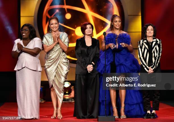 Host Sheryl Underwood, Carrie Ann Inaba, Sharon Osbourne, Eve, and Sara Gilbert speak onstage at the 46th annual Daytime Emmy Awards at Pasadena...