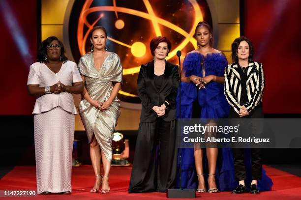 Host Sheryl Underwood, Carrie Ann Inaba, Sharon Osbourne, Eve, and Sara Gilbert speak onstage at the 46th annual Daytime Emmy Awards at Pasadena...