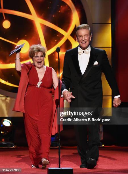 Anita Gillette and Wink Martindale speak onstage at the 46th annual Daytime Emmy Awards at Pasadena Civic Center on May 05, 2019 in Pasadena,...