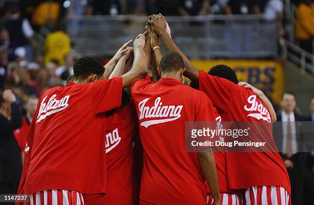 The Indiana Hoosiers huddle before the men's NCAA Basketball National Championship game against the Maryland Terrapins on April 1, 2002 at the...