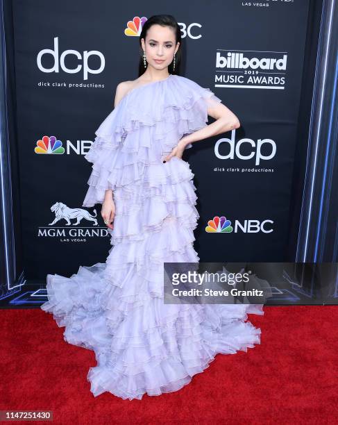Sofia Carson arrives at the Billboard Music Awards at MGM Grand Garden Arena on May 01, 2019 in Las Vegas, Nevada.