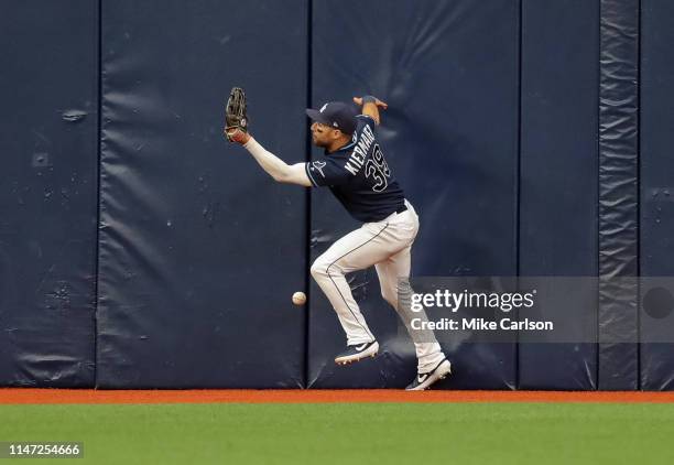 Kevin Kiermaier of the Tampa Bay Rays cannot catch a fly ball from Marwin Gonzalez of the Minnesota Twins in the third inning of a baseball game at...