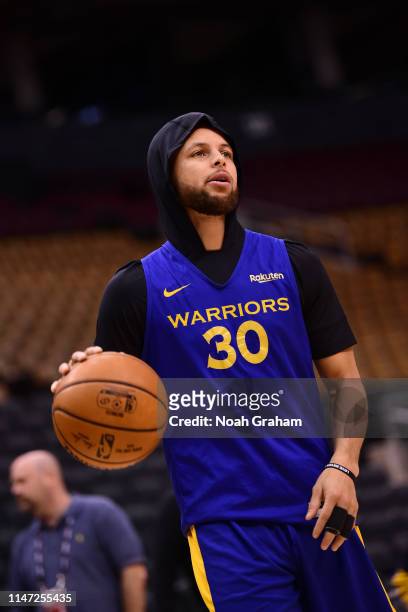 Stephen Curry of the Golden State Warriors shoots during practice and media availability as part of the 2019 NBA Finals on June 01, 2019 at...