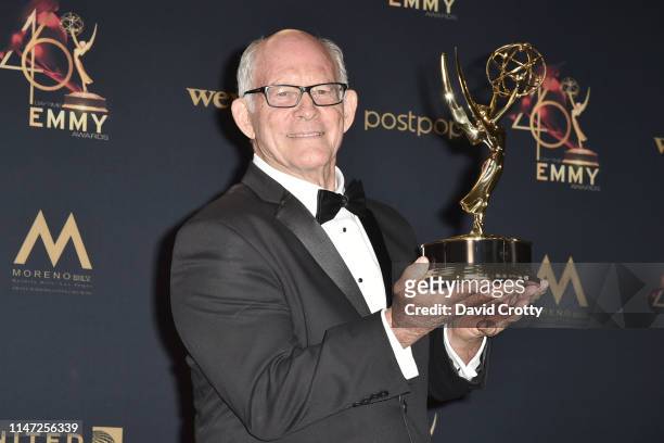 Max Gail poses with his award for Outstanding Supporting Actor in a Drama Series at Pasadena Civic Center on May 05, 2019 in Pasadena, California.
