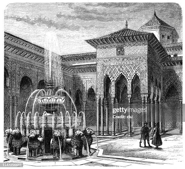 alhambra building - islam temple stock illustrations