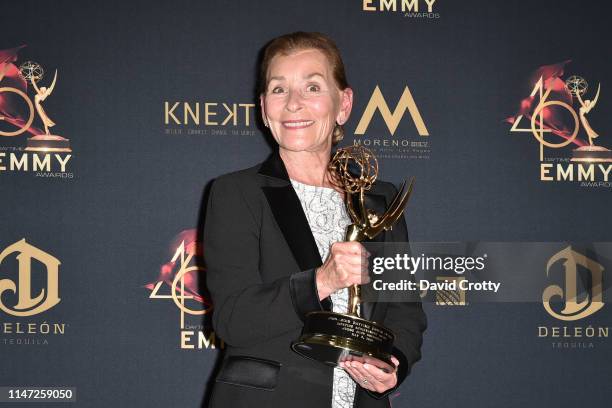 Judge Judy Sheindlin, with her Lifetime Achievement Award, attends the 46th Annual Daytime Emmy Awards - Press Room at Pasadena Civic Center on May...