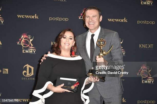 Maria Garcia-Marquez and Alan Tacher attend the 46th Annual Daytime Emmy Awards - Press Room at Pasadena Civic Center on May 05, 2019 in Pasadena,...