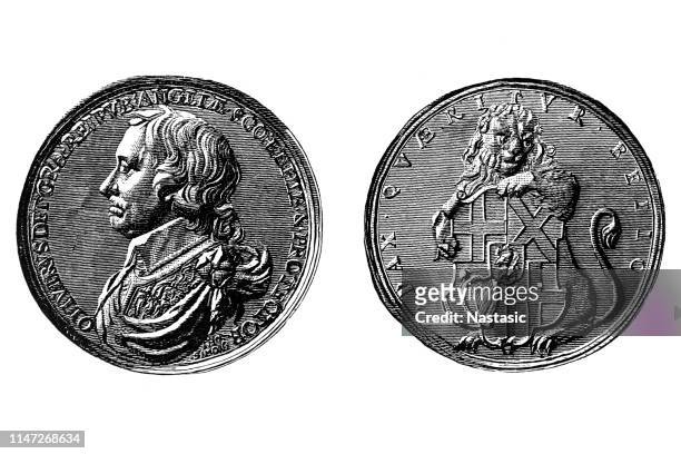 the commonwealth, oliver cromwell, lord protector (1653-1658), 1653, contemporary chased after cast, silver medal, 38mm - 17th century style stock illustrations