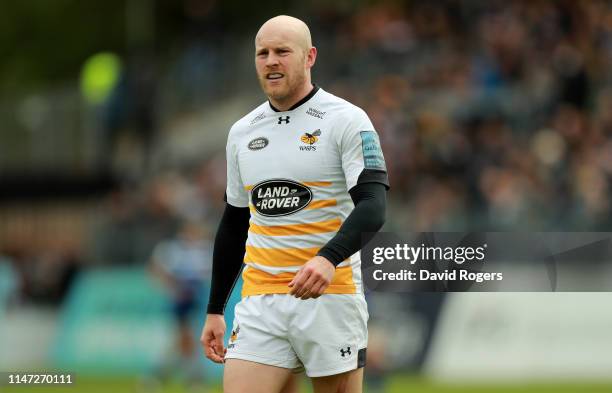 Joe Simpson of Wasps looks on during the Gallagher Premiership Rugby match between Bath Rugby and Wasps at Recreation Ground on May 05, 2019 in Bath,...