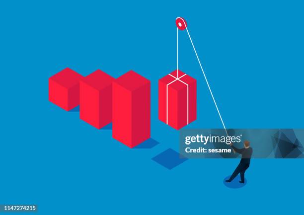 businessman uses a pulley to pull up the bar chart, the concept of business growth - pulley stock illustrations