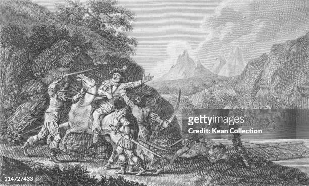 Engraving depicting the death of Albert I of Habsburg , King of the Romans and Duke of Austria, with the figure of Albert being pulled from his horse...