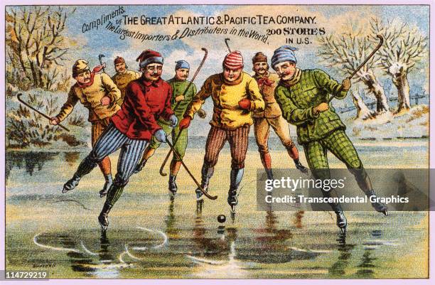 The Atlantic & Pacific Tea Company uses hockey to promote its products, c.1885.