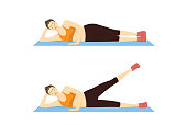 Woman doing Side Leg Raise Exercise with lying in 2 Step on blue mat.