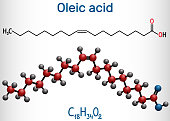Oleic acid ( cis, omega-9) molecule. Structural chemical formula and molecule model