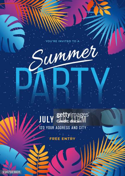 sommerparty-tropischer hintergrund mit palmblättern und exotischen pflanzen. - strandparty stock-grafiken, -clipart, -cartoons und -symbole