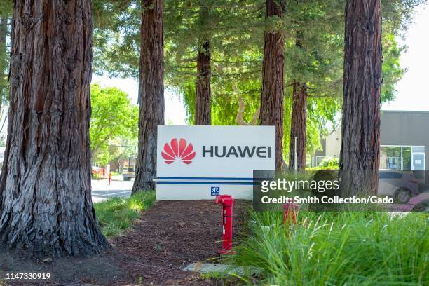 Sign at entrance to office of Chinese networking equipment company Huawei in the Silicon Valley, Mountain View, California, May 3, 2019.