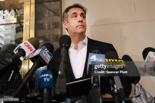 Michael Cohen, the former personal attorney to President Donald Trump, speaks to the media before departing his Manhattan apartment for prison on May...