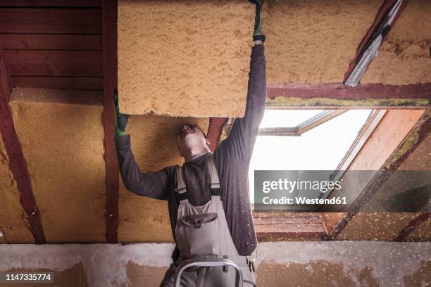 roof insulation, worker filling pitched roof with wood fibre insulation - wood worker posing ストックフォトと画像