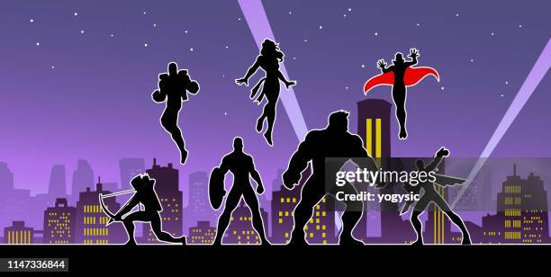 superheroes team silhouette in the city at night - searchlight stock illustrations