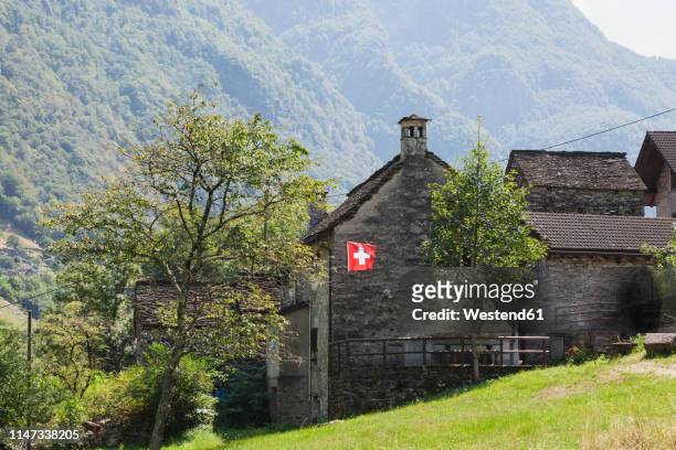 switzerland, ticino, verzasca valley, typical stone house with swiss national flag - swiss flag fotografías e imágenes de stock