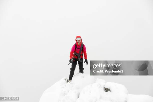 uk, scotland, glen spean, woman on peak of beinn a caorainn in winter - super sensory stock-fotos und bilder