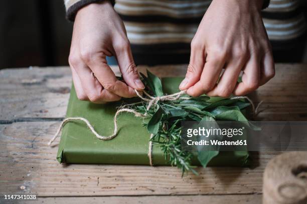 woman's hands wrapping present - twig photos et images de collection