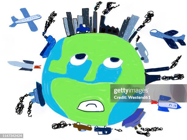 children's painting of overstressed planet earth - commercial airplane stock illustrations