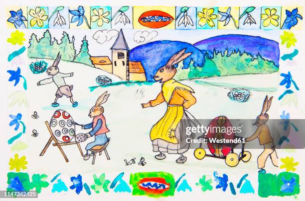 children's painting of easter bunnies at work - snowdrop stock illustrations