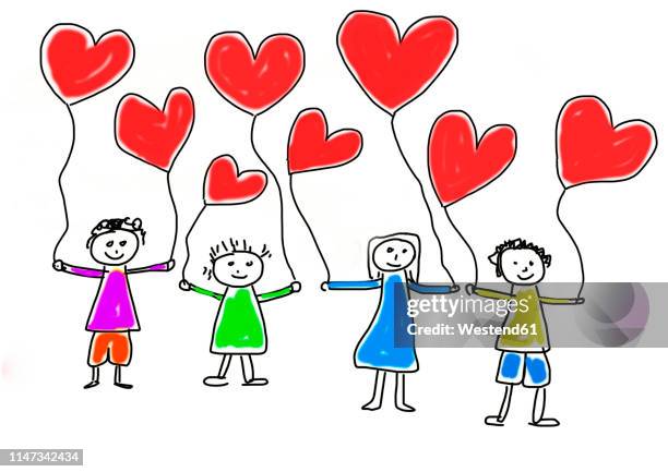 children's drawing of four happy children with heart-shaped balloons - austria stock illustrations