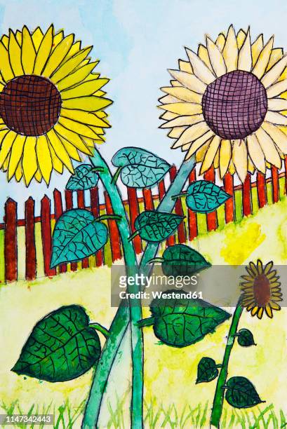 children's painting of sunflowers in a garden - austria stock illustrations