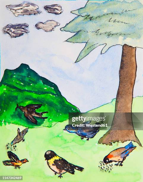 children's painting of song birds in nature - living organism stock illustrations