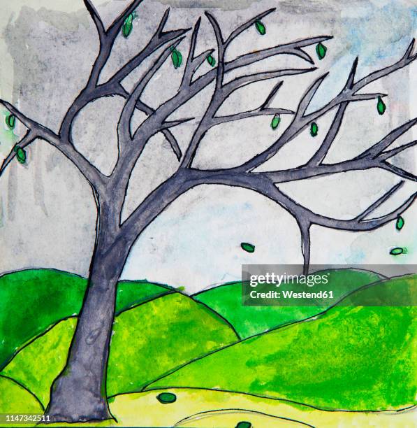 children's painting of bald tree in autumn - kahler baum stock-grafiken, -clipart, -cartoons und -symbole