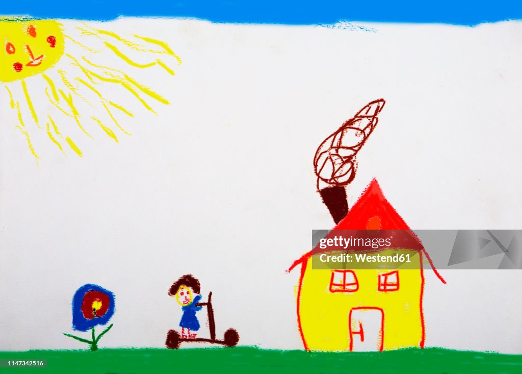 Children's drawing of meadow with house, girl and flower