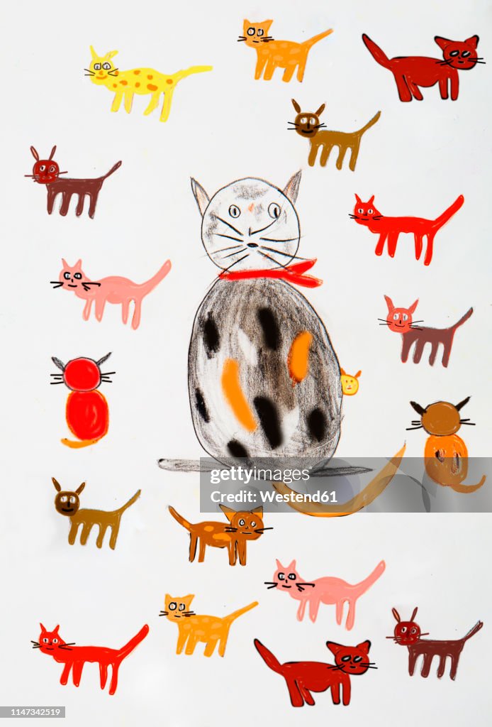 Children's painting of various cats