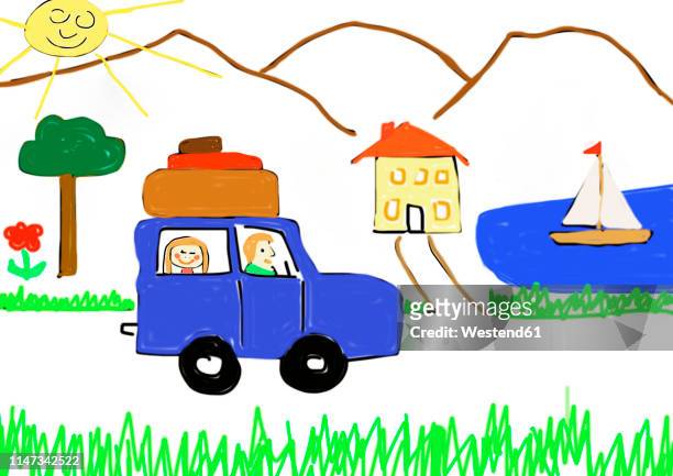children's painting of road trip - car road trip stock illustrations