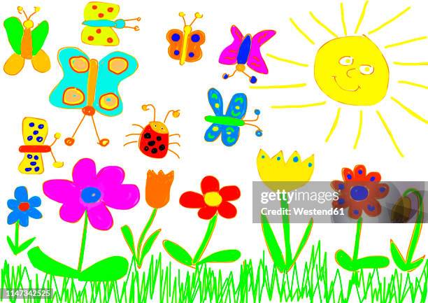ilustrações de stock, clip art, desenhos animados e ícones de children's painting of flower meadow and butterflies - childs drawing