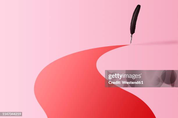 quill pen leaving a colorful trace over pink background - writing ideas stock pictures, royalty-free photos & images