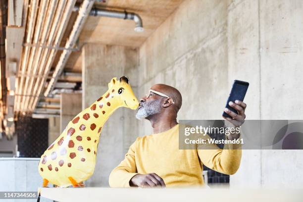 mature businessman sitting at desk in office with cell phone kissing giraffe figurine - animal selfies stockfoto's en -beelden