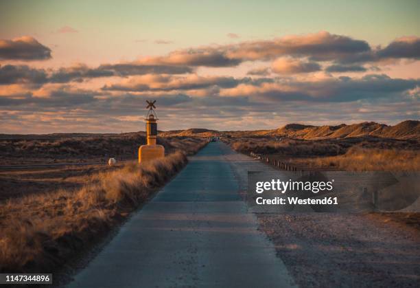 germany, sylt, schleswig holstein wadden sea national park, dune landscape, ellenbogen, road, evening light - ellenbogen stock pictures, royalty-free photos & images