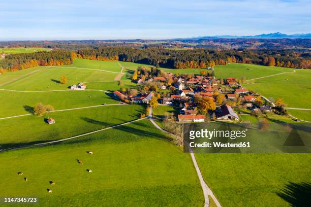germany, bavaria, upper bavaria, alpine foothills, toelzer land, aerial view of peretshofen, near dietramszell - village stockfoto's en -beelden