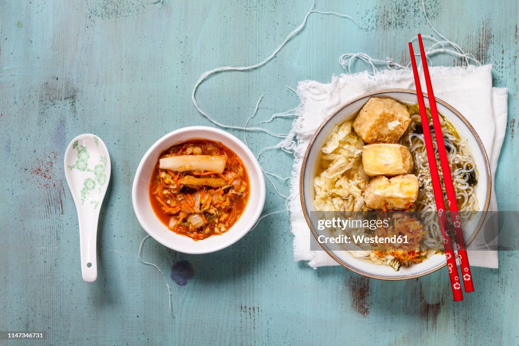 Asian noodle soup with cabbage, tofu, shirataki noodles and homemade kimchi