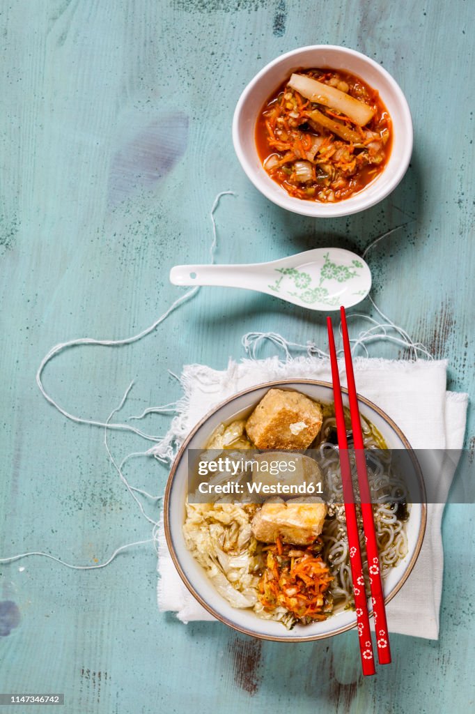 Asian noodle soup with cabbage, tofu, shirataki noodles and homemade kimchi