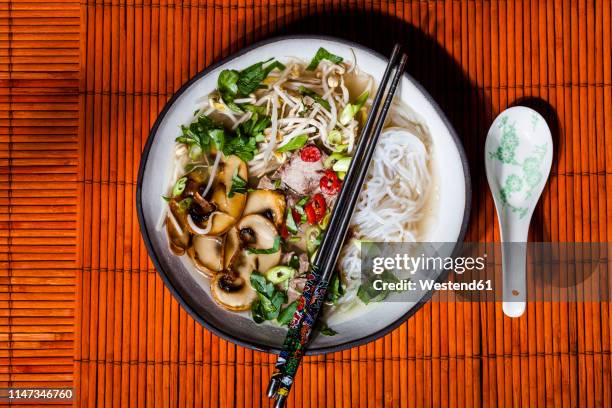 vietnamese rice noodle soup with mushrooms and beef - vietnamese food stock pictures, royalty-free photos & images